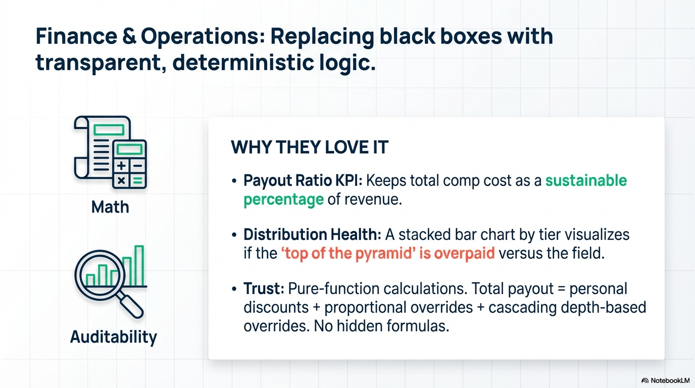 4 Scenario Presets — Default, Aggressive Overrides, Flat Structure, High Growth for rapid what-if analysis